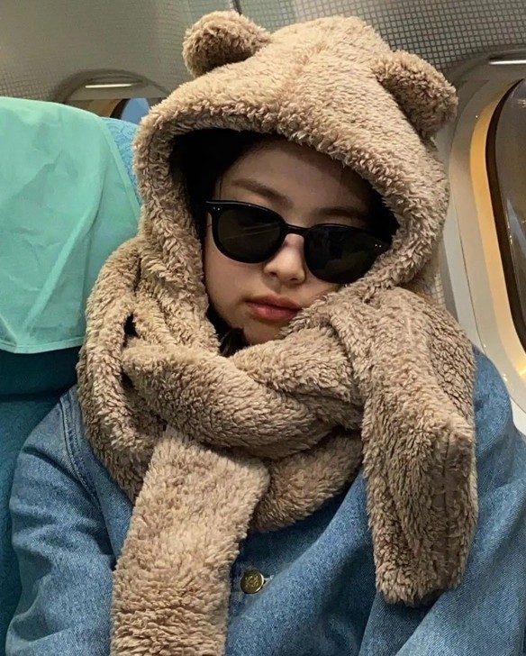 珍妮 jennie同款毛茸茸棕色小熊耳朵连...