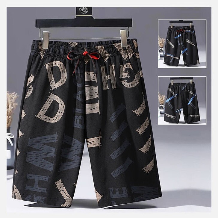 夏季速干印花短裤男士薄款五分裤宽松直筒休闲...