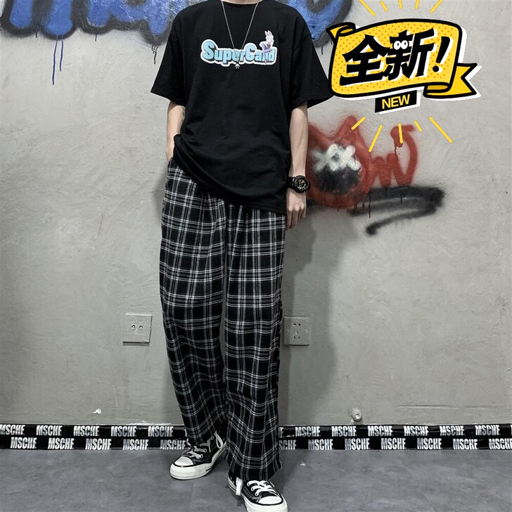 自制原创ins超火的裤子古着暗黑格子垂坠感...