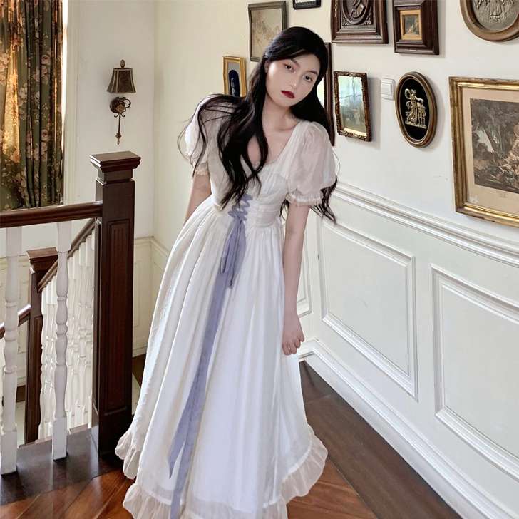 仙气超仙森系连衣裙蝴蝶结设计感小众泡泡袖气...