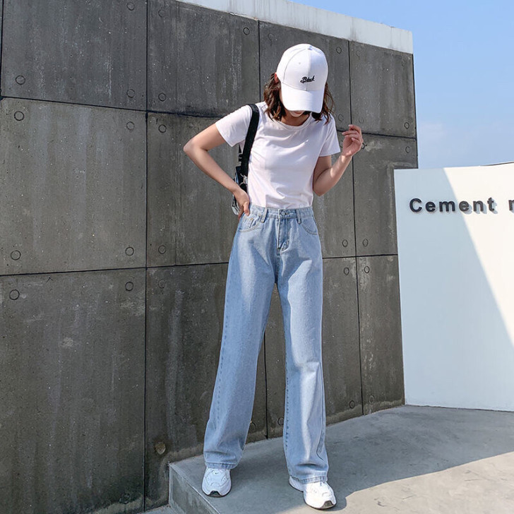 高腰宽松直筒百搭显瘦拖地牛仔裤！！没穿过！...