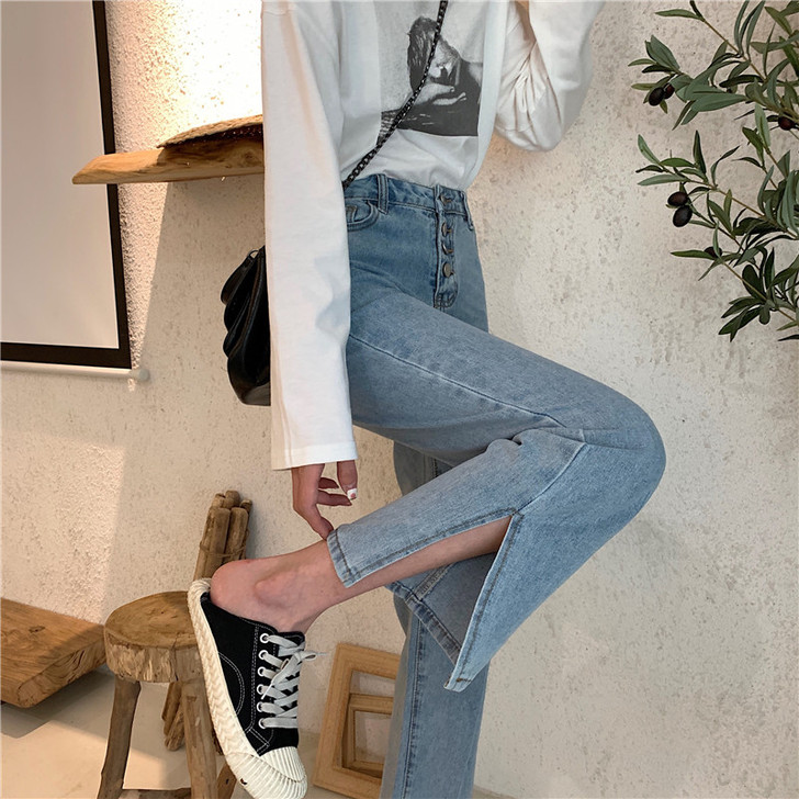 2020春季新款一排扣百搭显瘦侧边开衩直筒...