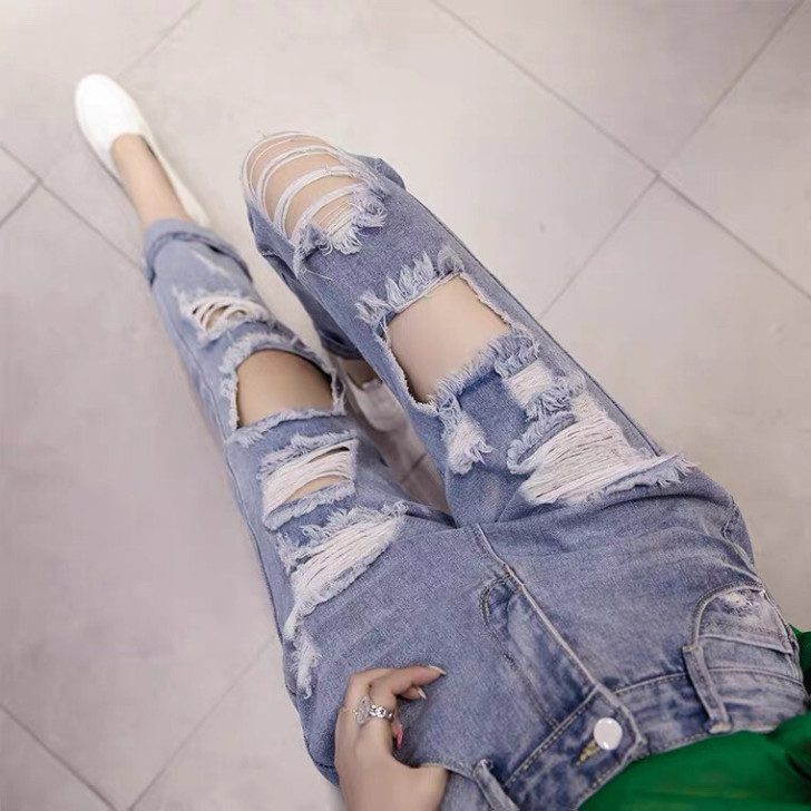 2020新款大破洞牛仔裤女夏季薄款bf宽松...
