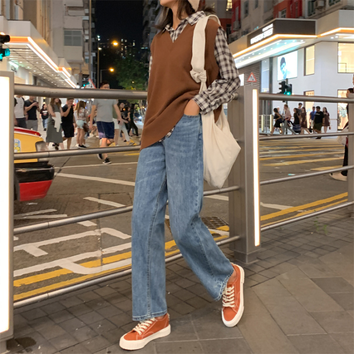 牛仔阔腿裤女宽松高腰垂感显瘦老爹2021春...