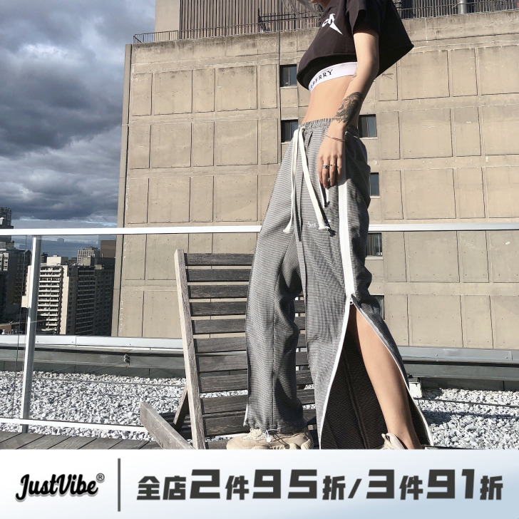 Just vibe 夏季休闲裤TR千鸟格长...