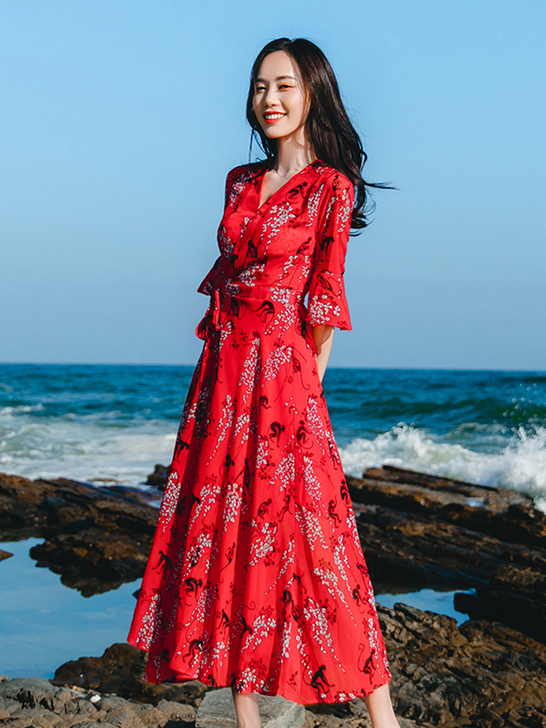 波西米亚长裙沙滩裙女夏海边度假泰国显瘦超仙...
