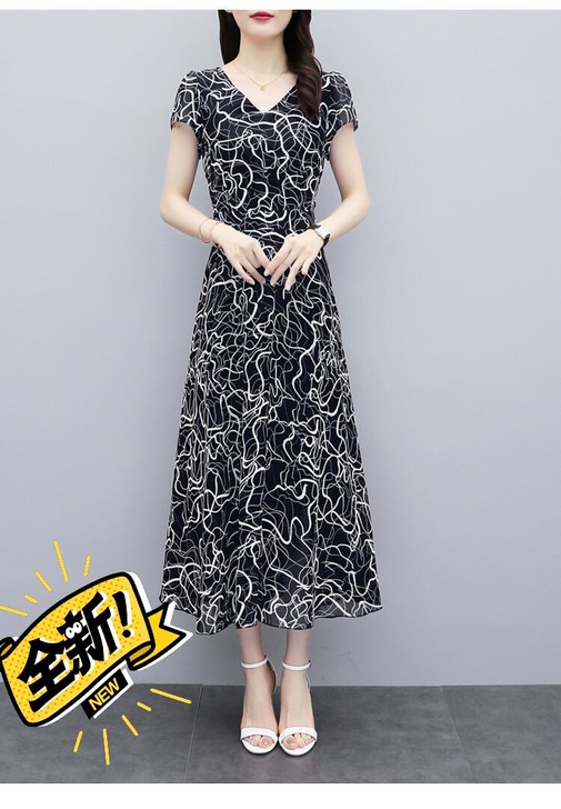 新款v领高档碎花冰丝连衣裙女大码显瘦气质减...