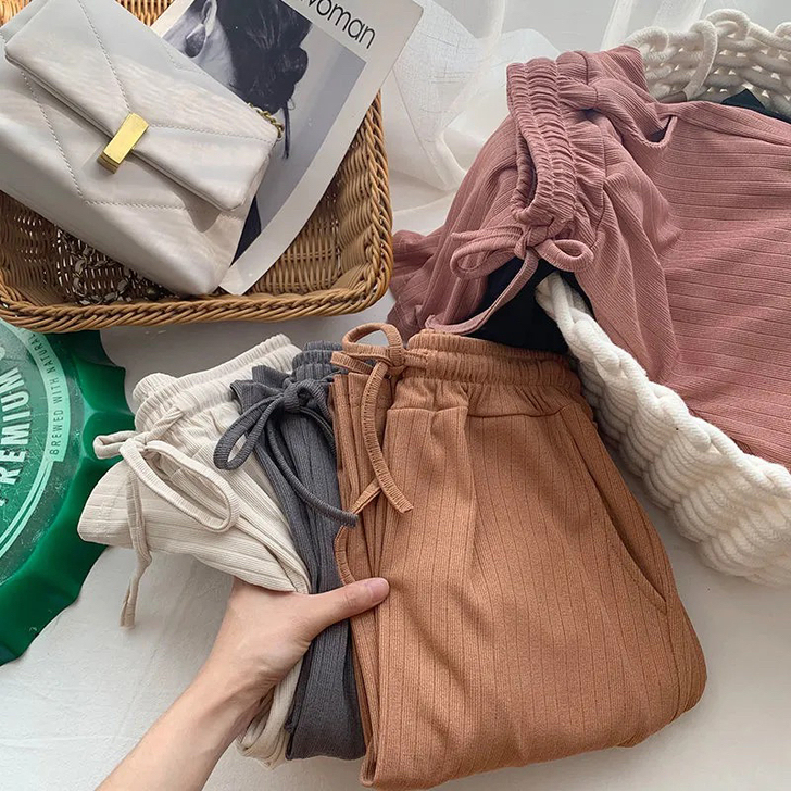 高腰垂坠感竖条纹针织阔腿裤女夏宽松百搭直筒...