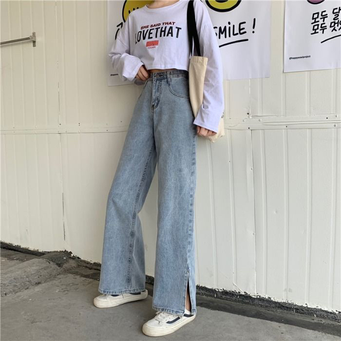 秋季韩版ins复古宽松直筒开叉牛仔裤女高腰...