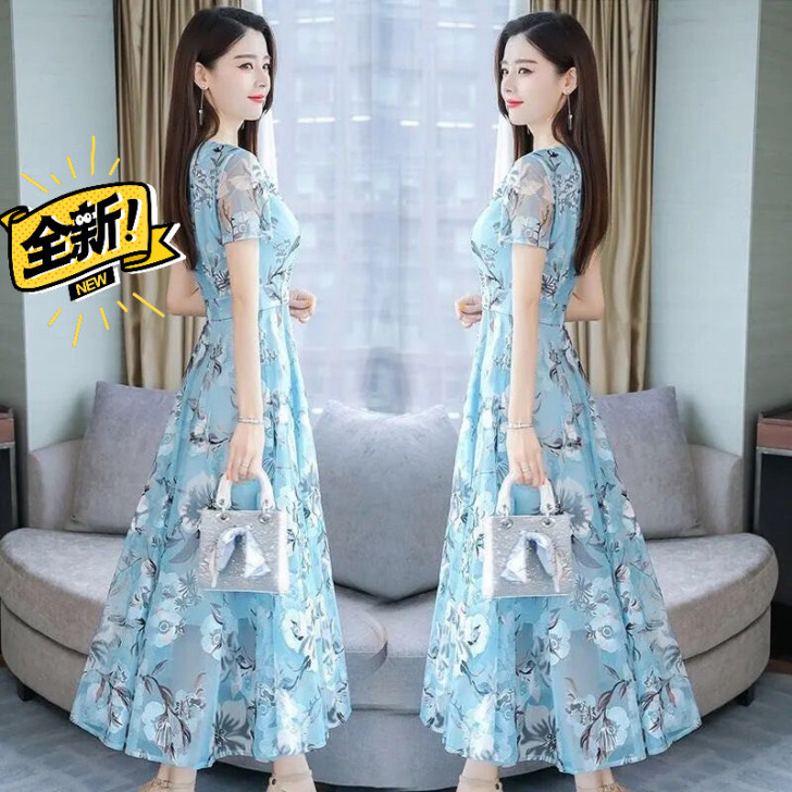 2021新款冰丝印花连衣裙夏V领长款女时尚...