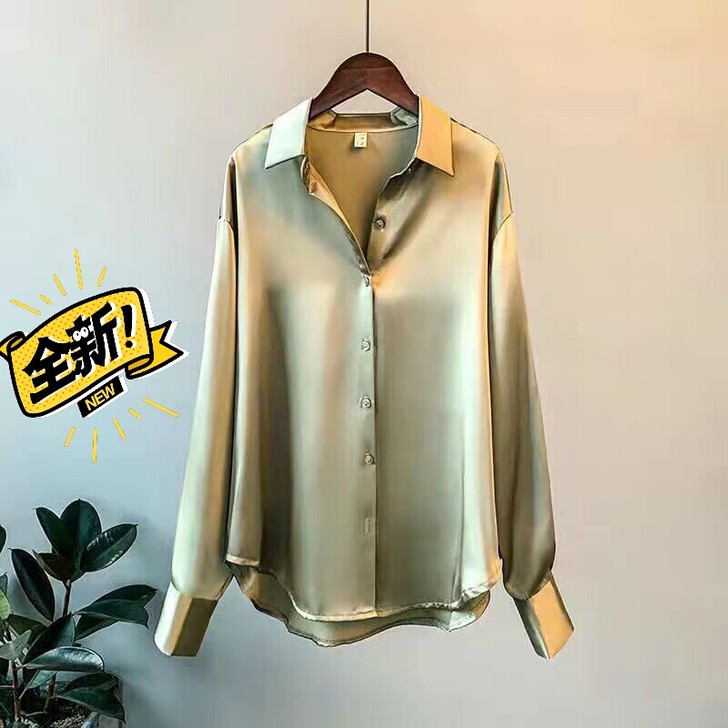 出口订单取消清仓处理长袖缎面衬衫女设计感春...