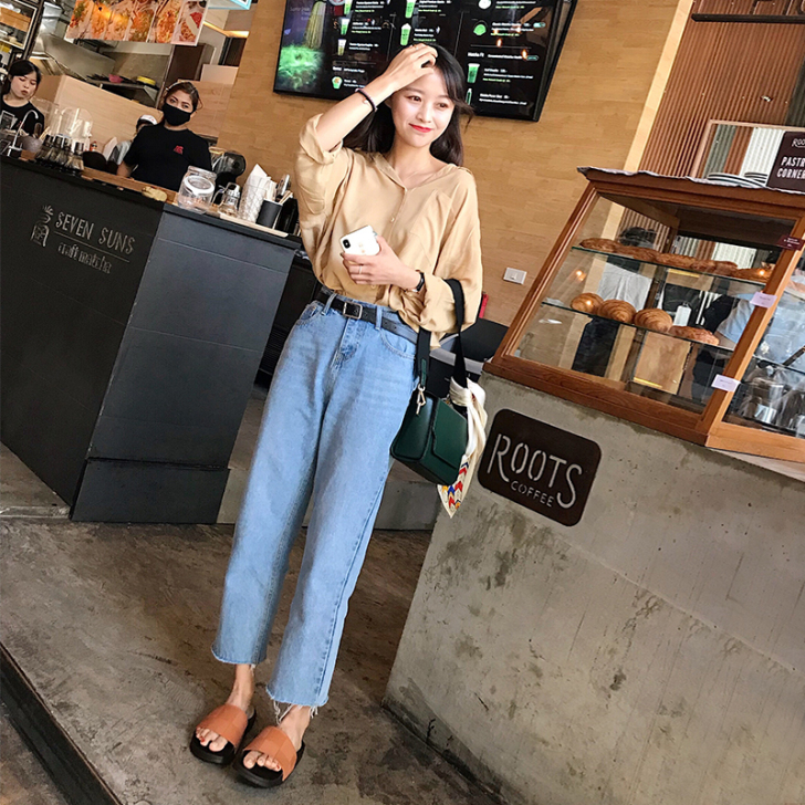 朴正义 夏装新款阔腿牛仔裤女宽松高腰直筒#...