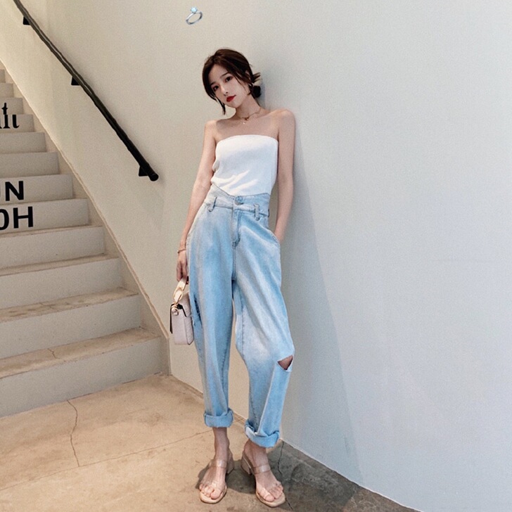 大喜自制浅色复古破洞牛仔裤女宽松显瘦百搭夏...