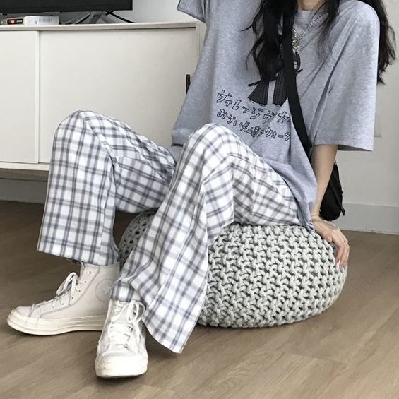 2021春季新款格子运动ins休闲直简裤女...
