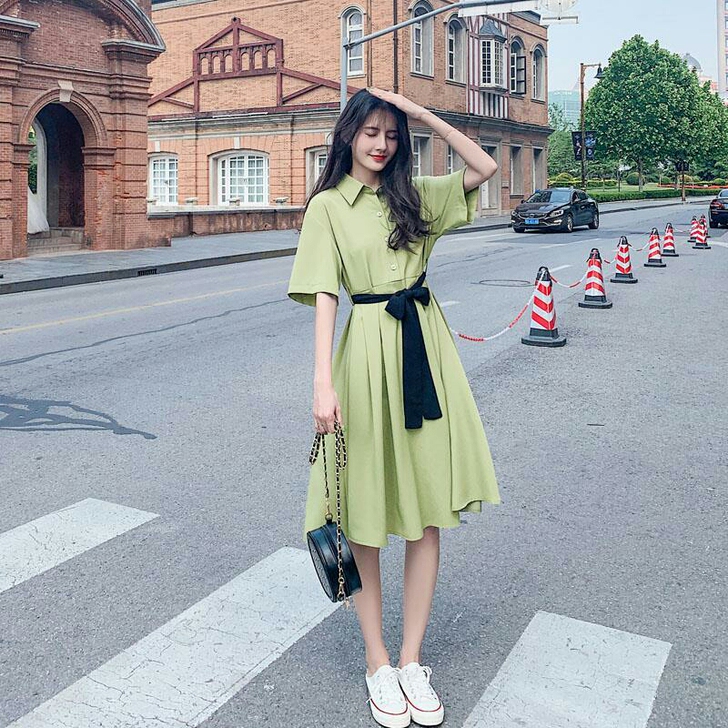 牛油果绿连衣裙2020新款夏抹茶绿裙子仙女...