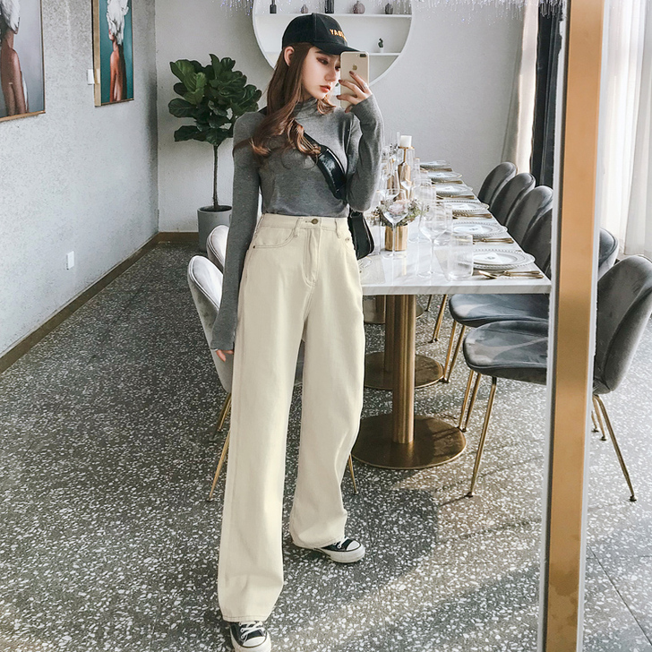 娅系 米白色牛仔裤