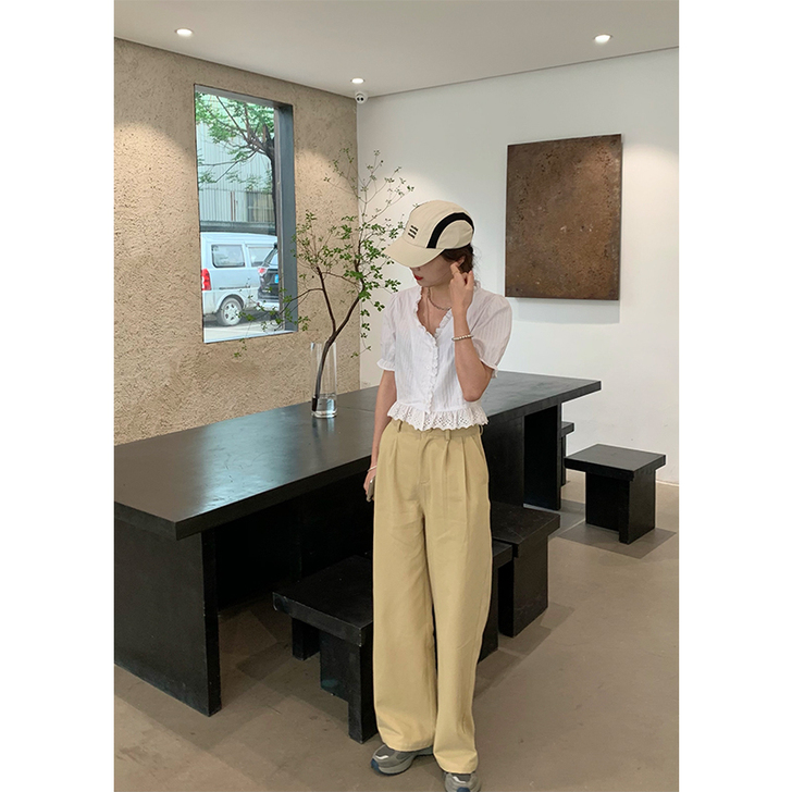 STEZO 高腰卡其色休闲阔腿直筒长裤子高...