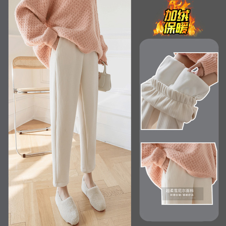 白色灯芯绒女裤加绒加厚雪尼尔裤子秋冬宽松小...