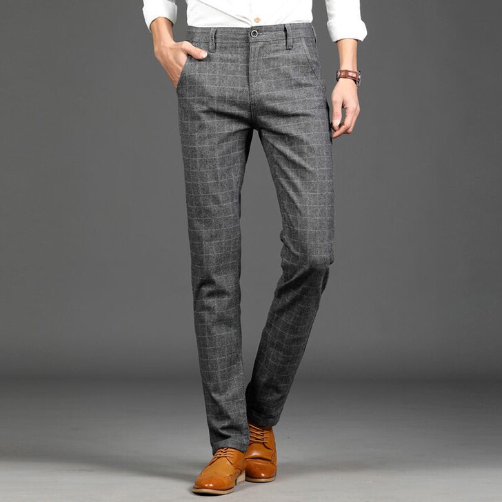 休闲裤男士夏季裤子男春款修身格子裤男商务直...