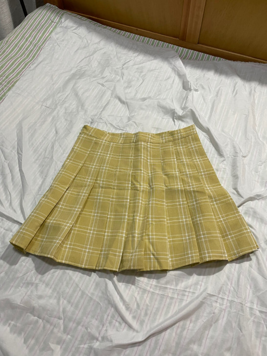 鹅黄色黄白格子百褶裙M码