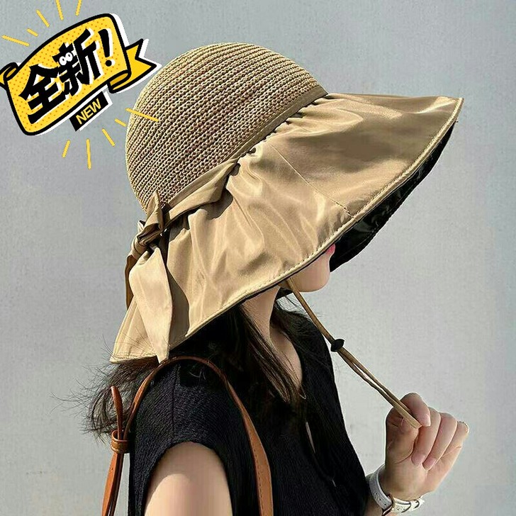 全新 黑胶蝴蝶结遮阳帽女夏季镂空草帽紫外线...