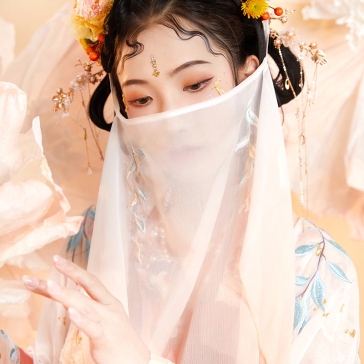 汉尚华莲池羽面纱汉服配饰女菊花渐变绣花钉珠...