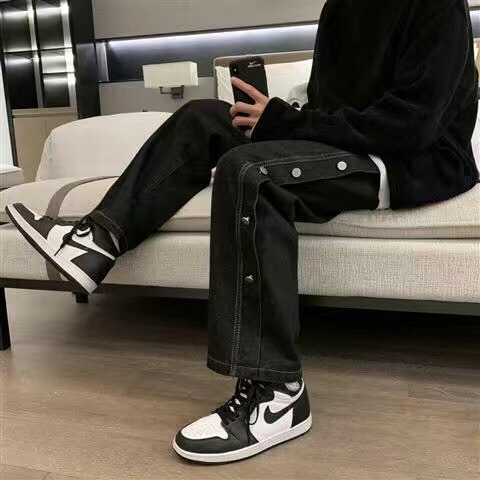 排扣牛仔裤男潮牌高街ins宽松直筒阔腿长裤...