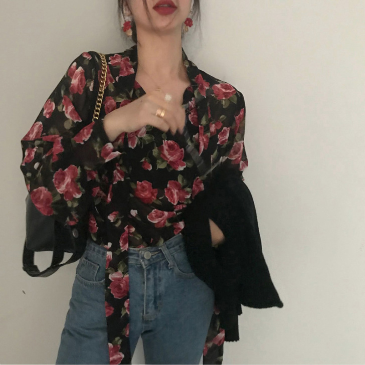 other/其他 衬衫复古港风玫瑰碎花衬衫...