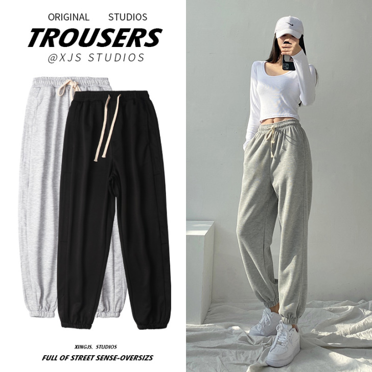 灰色运动裤女夏季薄款束脚宽松显瘦百搭小个子...