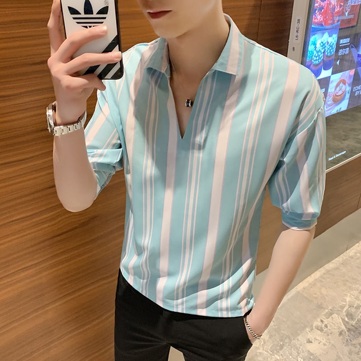 夏季新款条纹中袖衬衫男士七分袖宽松潮流帅气...
