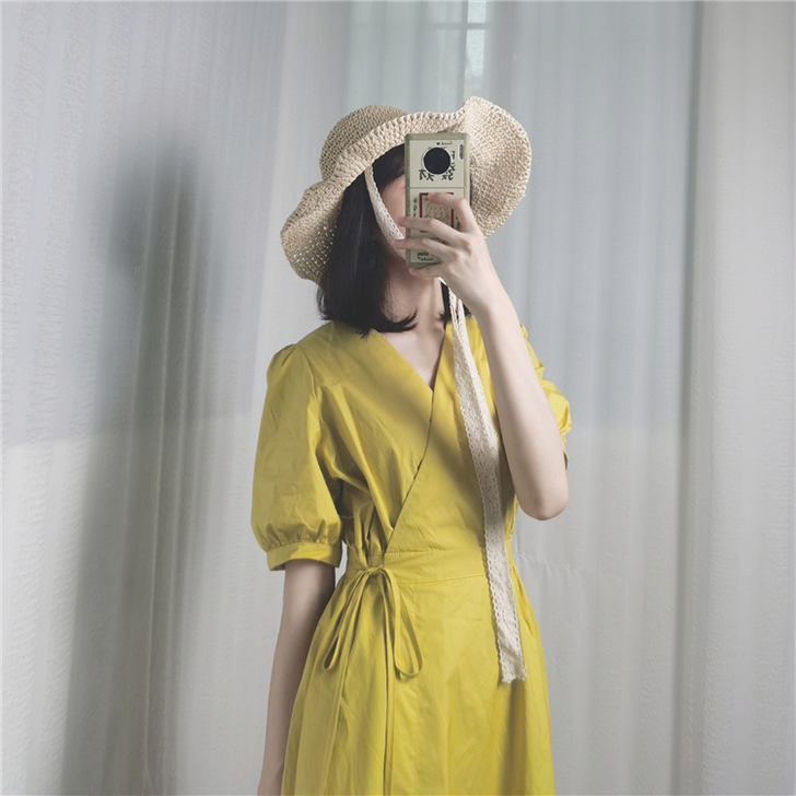 【美惠定制】泡泡袖孔雀蓝系带黄绿色长裙女 ...