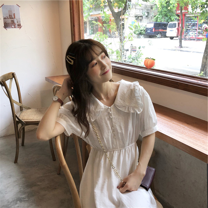 小清新白色娃娃领连衣裙女2021新款夏小个...
