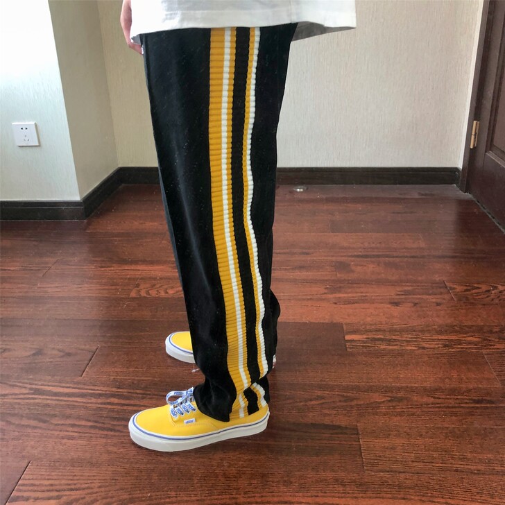 春季高街潮牌丝绒裤条纹拼接hiphop宽松...