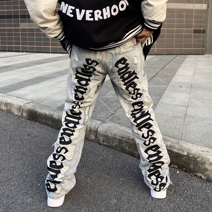 记住南高 高街复古字母刺绣破洞牛仔裤男en...