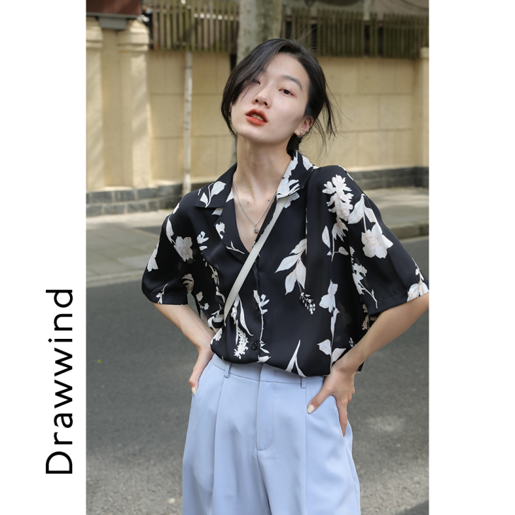 画风drawwind港味复古短袖花衬衫女设...