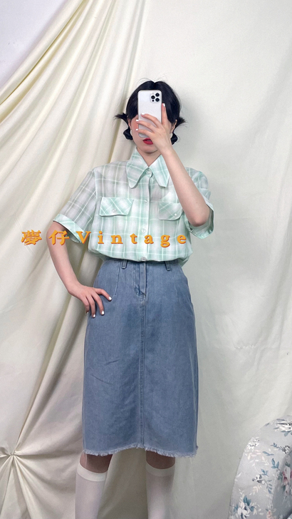 Vintage古着复古日系港风绿色格子衬衫
