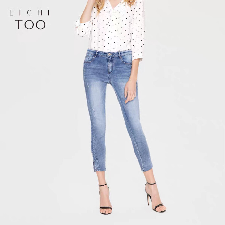 爱居兔夏季女装裤子复古开衩裤脚铆钉不规则设...