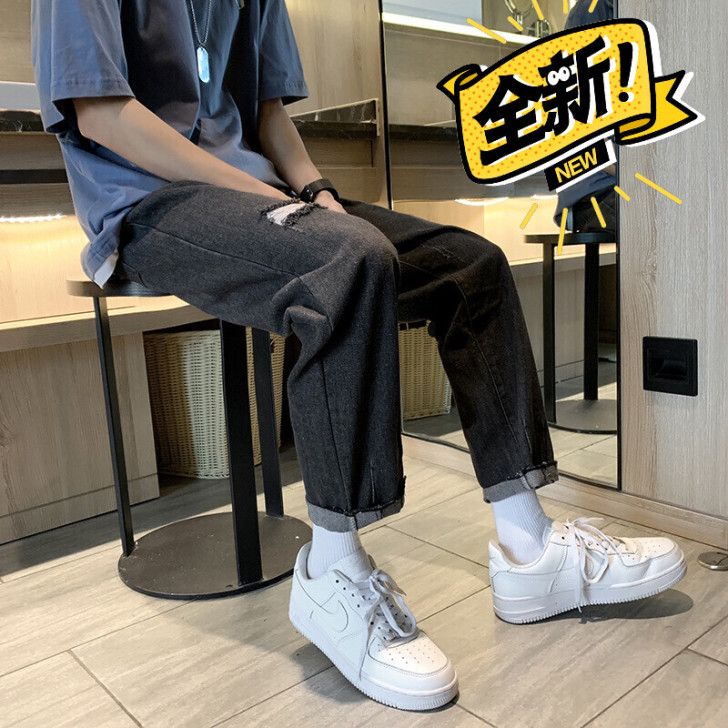 破洞牛仔裤男夏季薄款高街ins潮牌直筒休闲...