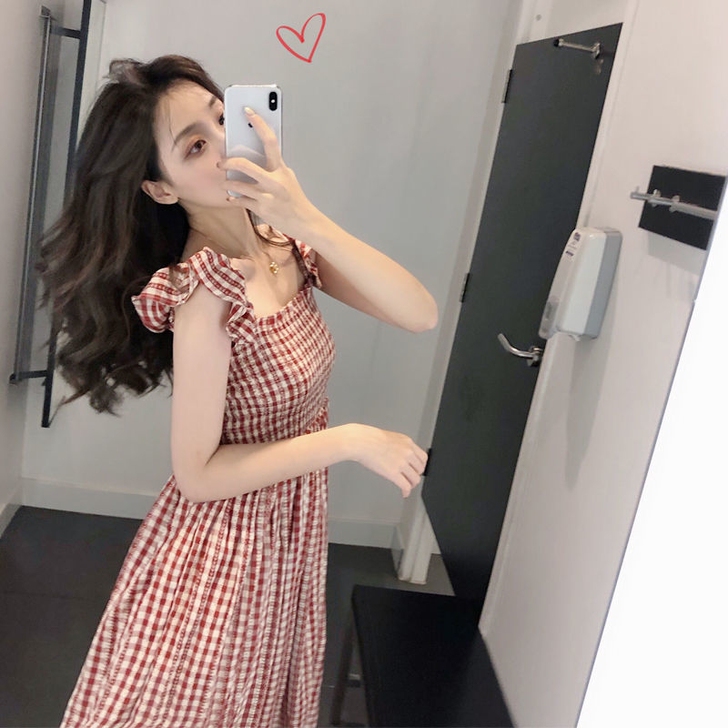 气质女神范法式约会小裙子大领口方领裙女夏格...