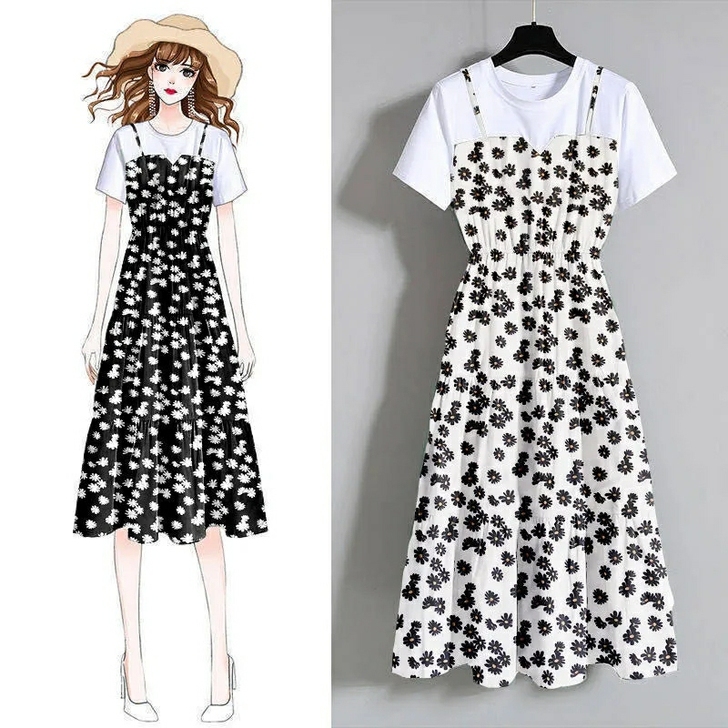 2021大码显瘦时尚吊带假两件长裙夏季胖妹...