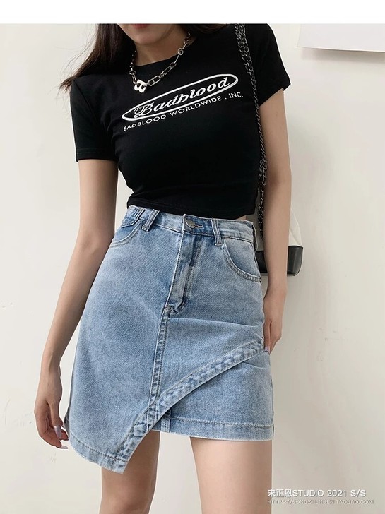 全新烟灰色不规则牛仔短裙女高腰显瘦a字包臀...