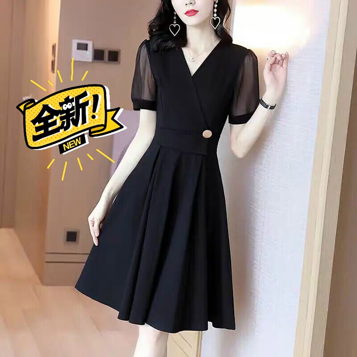 长裙女夏法式2021新款短袖黑色修身名媛赫...