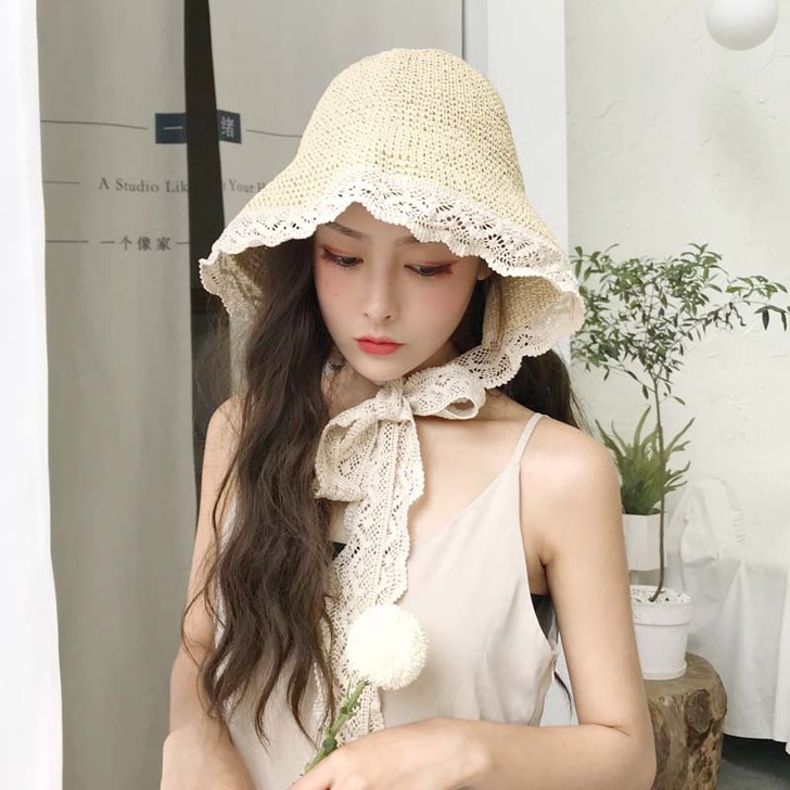 新款网红草帽女夏季蕾丝编织沙滩帽遮脸海边大...