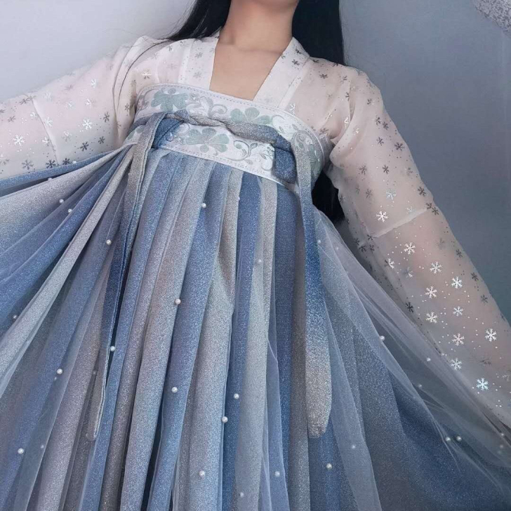 全新曲玉伶月汉服女烫银钉珠亮丝渐变间色齐胸...