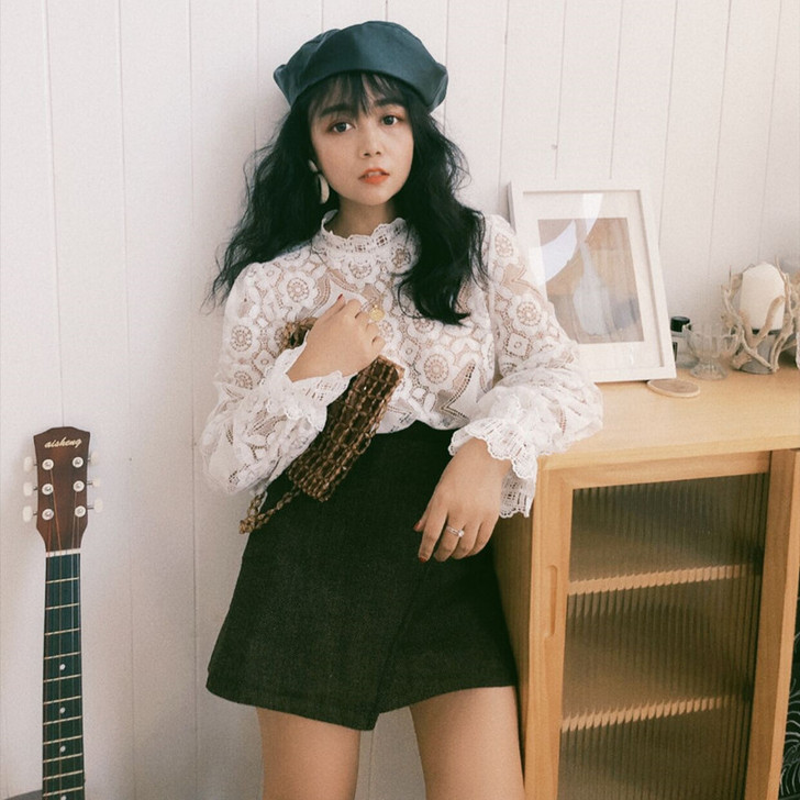 白色蕾丝衬衫女复古小高领蕾丝衫打底衫春季内...