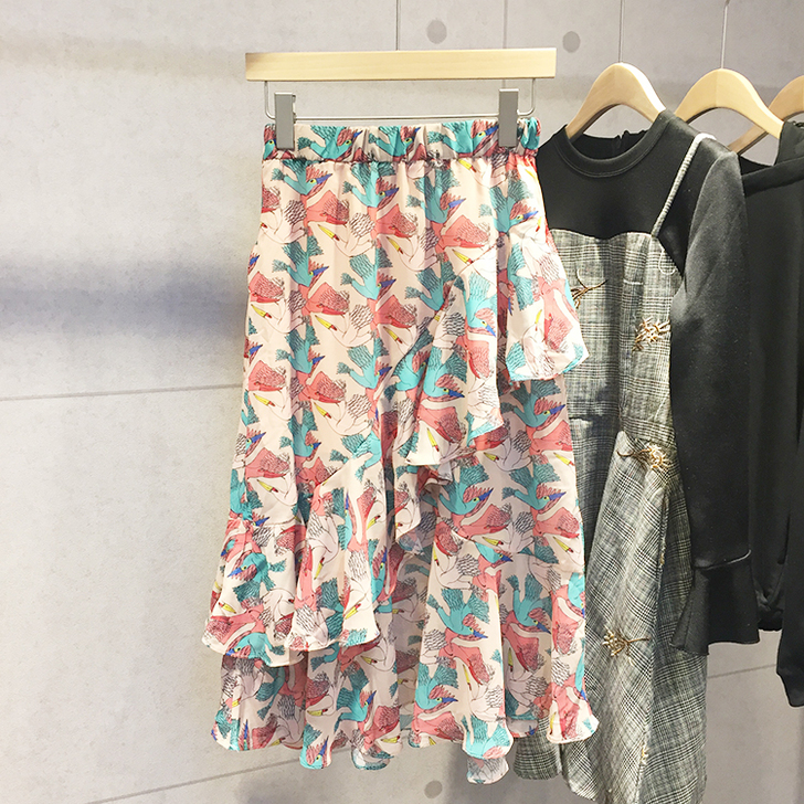 荷叶边碎花裙，显瘦A字裙，橘粉色，尺码16...