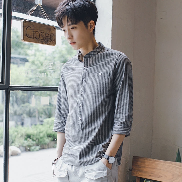 【清仓】夏季男士衬衫7七分袖潮流修身立领条...