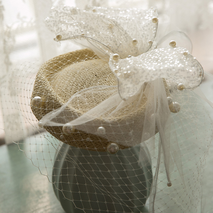 新品法式复古优雅草编手工花朵面纱礼帽新娘头...