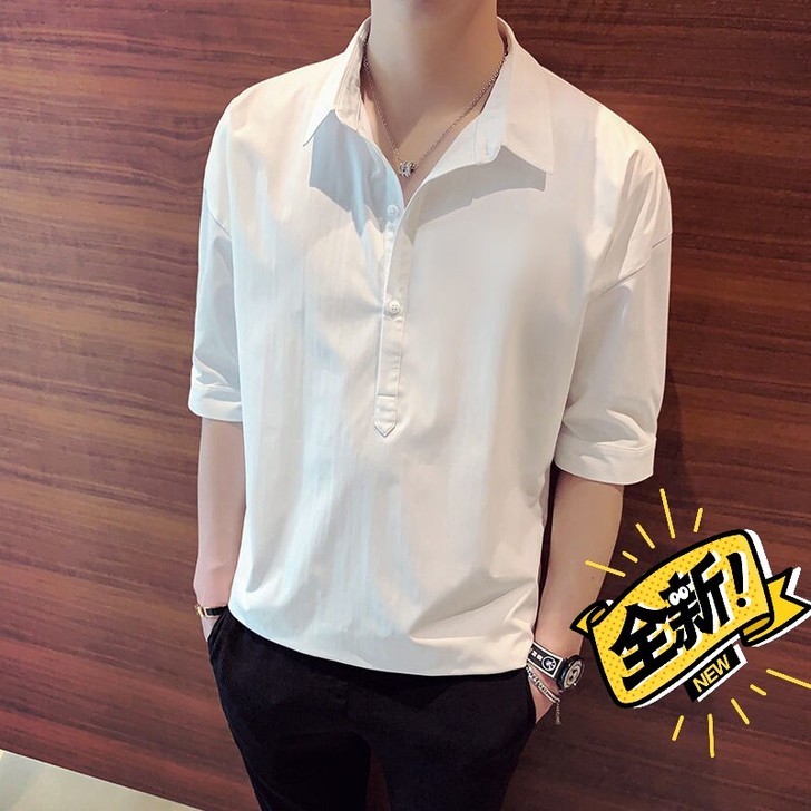 衬衫男短袖宽松韩版男士休闲五分袖衬衣潮流帅...