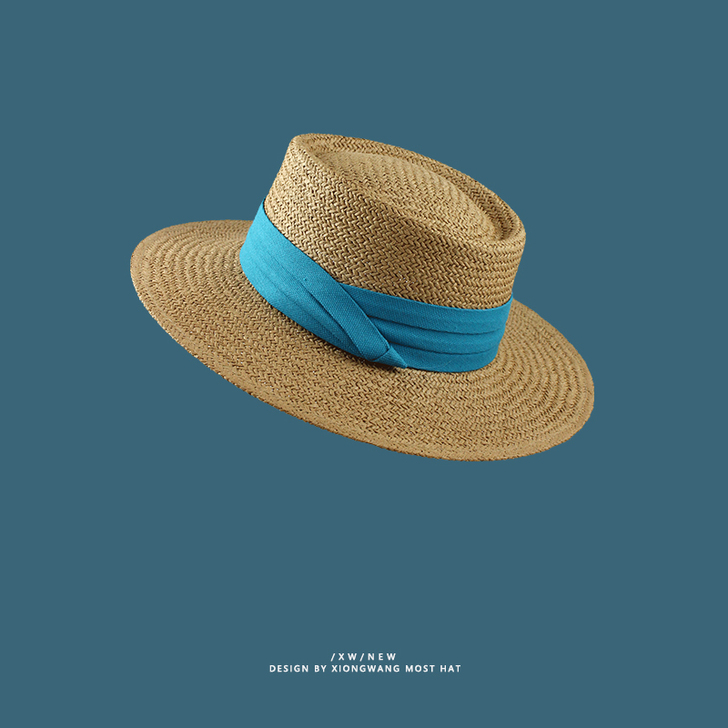 网红平顶草帽女夏天海边度假沙滩编织遮阳帽防...